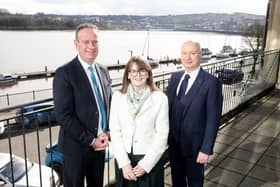 Chair of the Magee Taskforce Stephen Kelly, Economy Minister Dr. Caoimhe Archibald and Vice-Chancellor of Ulster University Professor Paul Bartholomew at Timber Quay. Picture by Jonathan Porter/PressEye