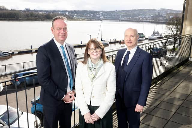 Chair of the Magee Taskforce Stephen Kelly, Economy Minister Dr. Caoimhe Archibald and Vice-Chancellor of Ulster University Professor Paul Bartholomew at Timber Quay. Picture by Jonathan Porter/PressEye
