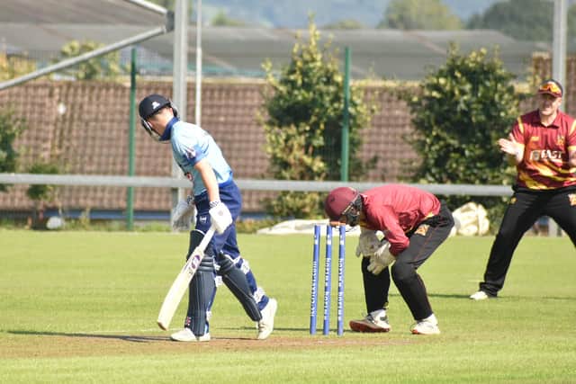 Glendermott's Jake Montgomery is bowled by Bready's Ian Young on Saturday.
