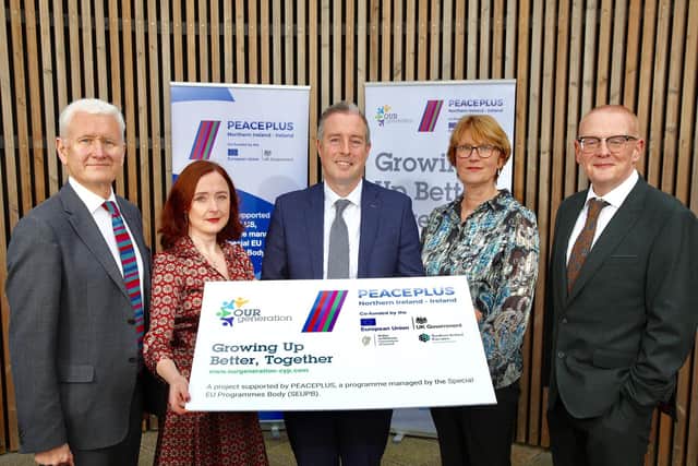 L-R David Babington (Chief Executive of Action Mental Health), Prof. Siobhan O’Neill (Mental Health Champion for NI), Education Minister Paul Givan MLA, Carol Scullion (OUR Generation Project Manager) Paul Beattie, (Director of Managing Authority, SEUPB.)