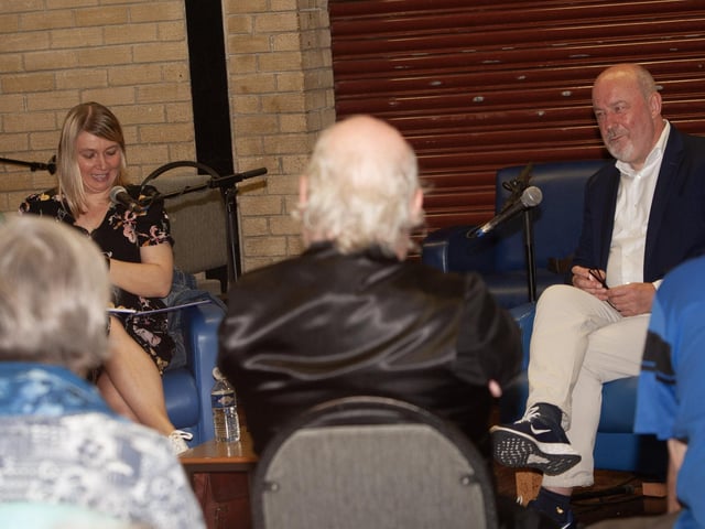 Freya McClements, Irish Times Northern Editor, fires the first question to journalist and author Brian Rowan at Pilot's Row on Thursday evening. The Féile 23 event was about his '25 Pieces' exhibition. (Photos: Jim McCafferty Photography)