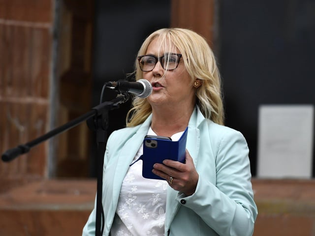 Ciara Ferguson, Sinn Fein MLA, speaking at the Celebration of Migrant Workers rally held in Guildhall Square on Sunday afternoon. Photo: George Sweeney