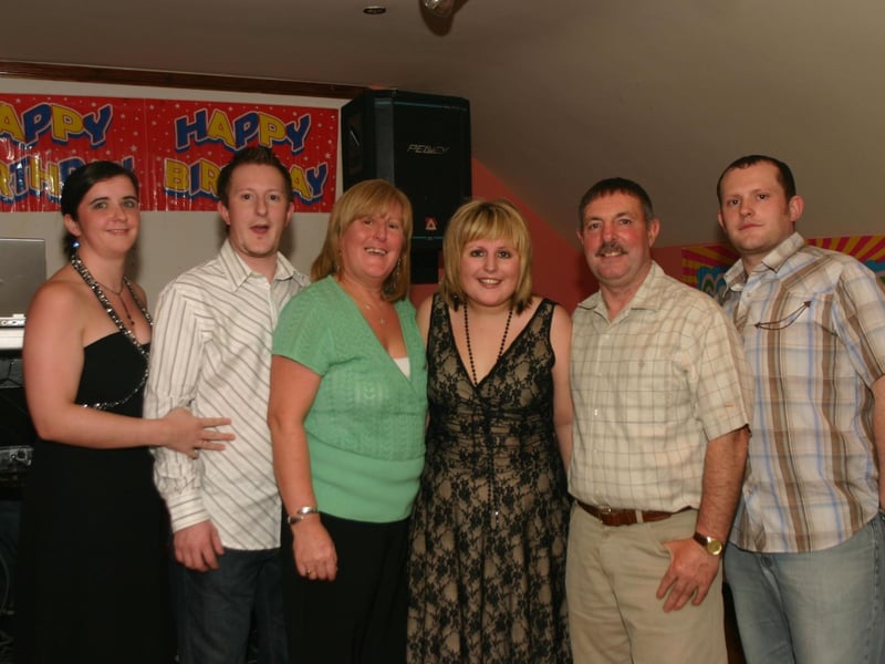 Charlene Thompson with her family at her surprise party left to right Kiaria, Paul, mum Anne, Charlene dad Tommy, and Davy 0454 /dd : .
