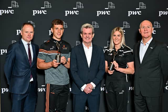 In attendance during the PwC GAA/GPA Player of the Month and PwC GPA Women’s Player of the Month Awards are, from left, GAA Director of Communications Alan Milton, PwC GAA/GPA Player of the Month for May winner, Derry footballer Shane McGuigan, PwC Managing Partner Feargal O’Rourke, PwC GPA Women’s Player of the Month for May winner, Down camogie player Dearbhla Magee, and GPA Head of Operations and Finance Ciarán Barr at PwC offices in Dublin. Photo by Sam Barnes/Sportsfile
