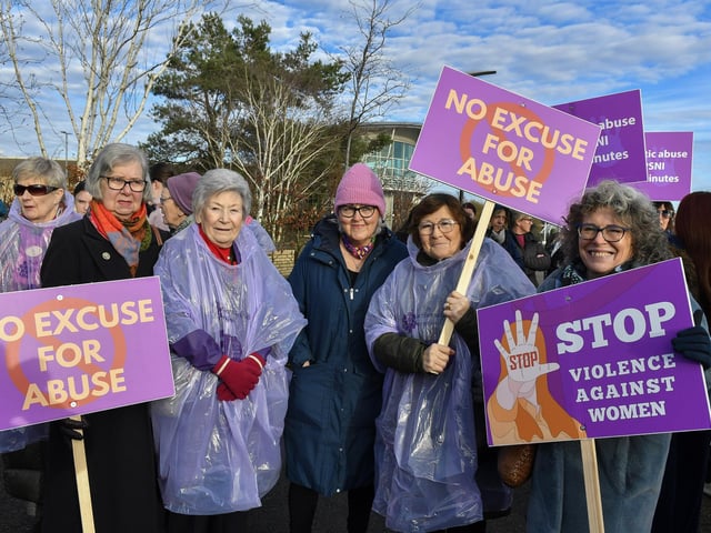 Proponents who participated in the Foyle Women’s Aid walk, from Sainsbury’s to the Guildhall on Sunday afternoon, supporting the United Nations Women’s Campaign to eliminate gender – based violence worldwide. Photo: George Sweeney
