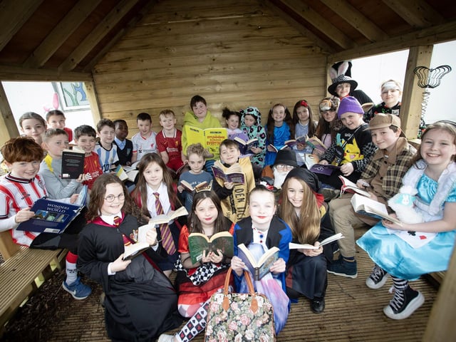 Mr. McNulty's P7 pupils enjoying World Book Day at Hollybush on Thursday.