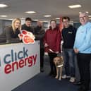 Group pictured at Click Energy, Strand Road, Derry for the launch of the company's new link-up with Guide Dogs as their chosen charity for 2024. Included from left are Rachel O'Donnell, Accounts Manager, Myles Meehan, Customer Services Advisor and Josh McClements, Customer Services Teamleader, Click Energy, Andrea O'Hagan and 'Becky', Mark Quinn, Marketing/Comms Manager and Gary Wilson, Fundraising Manager, Guide Dogs.