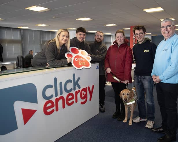 Group pictured at Click Energy, Strand Road, Derry for the launch of the company's new link-up with Guide Dogs as their chosen charity for 2024. Included from left are Rachel O'Donnell, Accounts Manager, Myles Meehan, Customer Services Advisor and Josh McClements, Customer Services Teamleader, Click Energy, Andrea O'Hagan and 'Becky', Mark Quinn, Marketing/Comms Manager and Gary Wilson, Fundraising Manager, Guide Dogs.
