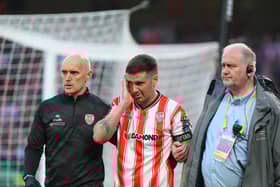 Derry City skipper Patrick McEleney holds his cheekbone after a clash with Ryan Brennan which ended his FAI Cup Final prematurely in the first half against Drogheda.  Photo: Kevin Moore/MCIphoto