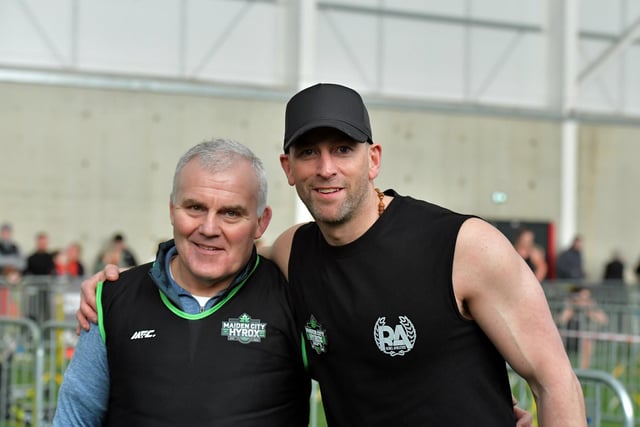 Gavin Abel, Hyrox Judge, and Vincent Sweeney, organiser, Maiden City Hyrox 3.0 Fitness Challenge held at Sean Dolans GAC on Saturday. Photograph: George Sweeney