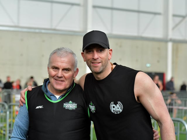Gavin Abel, Hyrox Judge, and Vincent Sweeney, organiser, Maiden City Hyrox 3.0 Fitness Challenge held at Sean Dolans GAC on Saturday.  Photograph: George Sweeney