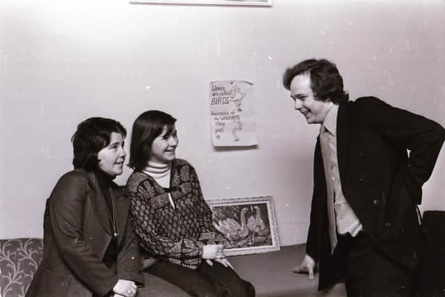 Avila Kilmurray along with another activist hosting Lord Melchett during a visit to Women's Aid in May 1978.