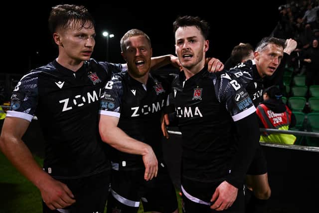 Danny Mullen of Dundalk, second from right, celebrates with team-mates, from left, John Ross Wilson, Daryl Horgan and Rob Cornwall after scoring against Shamrock Rovers at Tallaght Stadium in Dublin. Photo by Ben McShane/Sportsfile
