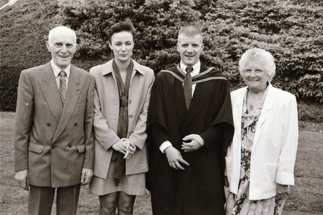 Photographs of students, professors, and proud parents during the Magee graduations in June 1995.