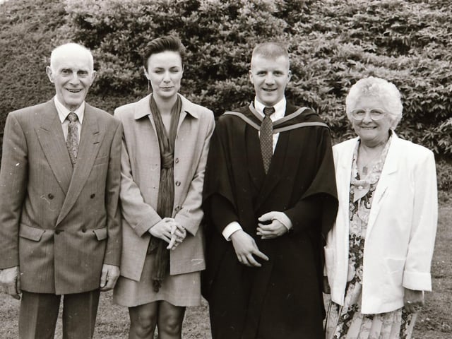 Photographs of students, professors, and proud parents during the Magee graduations in June 1995.