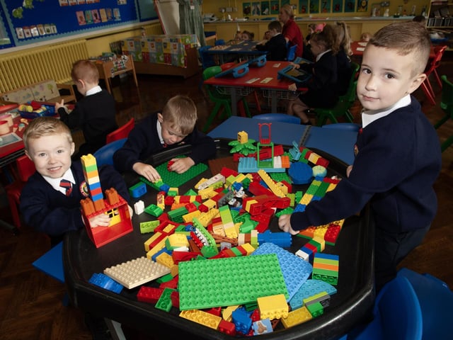 P1 pupils from Mrs. Cartney's class hard at play - LJ, Jake and Tiernan.