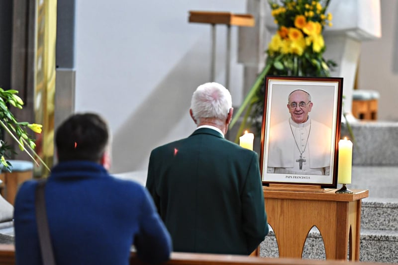 St Eugene’s Cathedral parishioners pray for Pope Francis who died early on Monday morning aged 88. Pope Francis (Jorge Mario Bergoglio) was discharged from hospital last month after five weeks of treatment for an infection that led to double pneumonia. He was first Latin American and the first Jesuit to be elected pontiff. Photo: George Sweeney