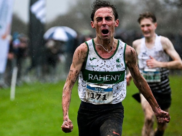 Brian Fay of Raheny Shamrock AC, Dublin, celebrates winning the senior men's 7500m during the 123.ie National Cross Country Championships at Templemore Sports Complex in Derry. Photo by Ramsey Cardy/Sportsfile
