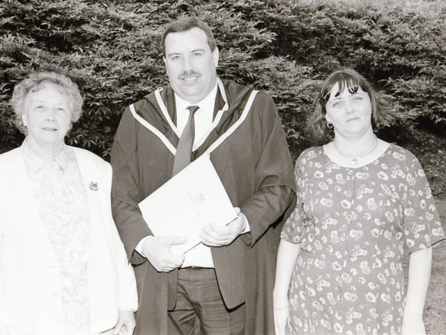 Photographs of students, professors, and proud parents during the Magee graduations in June 1995.