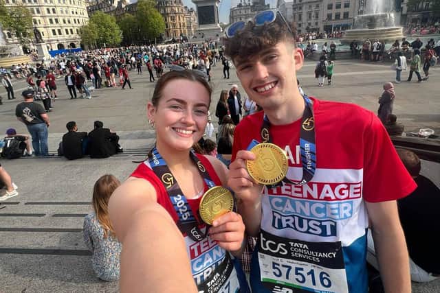 Sam and girlfriend Meabh pictured after completing the gruelling London Marathon last weekend.