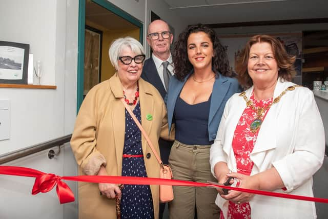 The eagerly awaited Derry Girls Experience has been officially unveiled by Derry City and Strabane District Council Mayor Councillor Patricia Logue in the city’s Tower Museum as she cut the ribbon with Ann and Chris McGee parents of show creator Lisa. The event was attended by the original Derry Girls who provided the inspiration for the characters in the hit TV show and actress Jamie Lee O’Donnell who brought the role of Michelle to life. The exhibition contains props, clothes and recreated sets which will be familiar to fans across the world. Picture Martin McKeown. 03.07.23