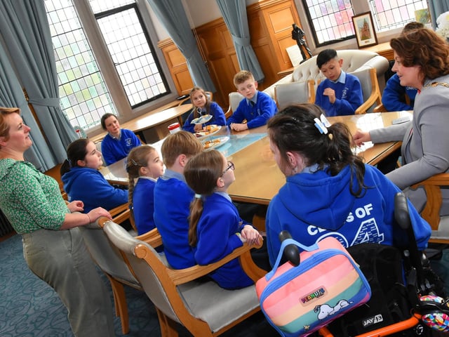 Nazareth House PS School Council pictured in the Mayor's Parlour during a Q&A with the Mayor Patricia Logue. Included on left is Mrs. Roisin Blackery, Principal.