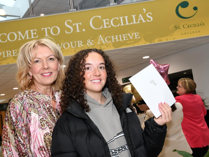 Mrs O'Carolan, Principal, pictured with high achieving student Darragh McCleary, who will be studying Engineering at Queens University, at St. Cecilia's College on Thursday morning.
