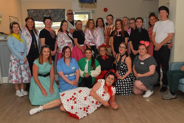 Staff at Oakleaves Care Centre, on Racecourse Road, dressed for the 1950s party Berna held for residents on Thursday afternoon last. Photo: George Sweeney. DER2326GS – 27