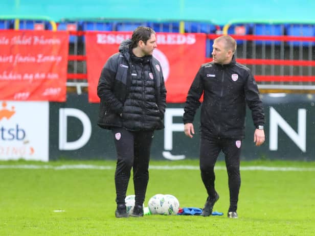 Derry City manager Ruaidhri Higgins and his assistant Alan Reynolds in discussion before kick-off at Tolka Park.