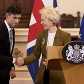 UK Prime Minister Rishi Sunak and EU Commission President Ursula von der Leyen shake hands as they hold a press conference at Windsor Guildhall on February 27, 2023. (Photo by Dan Kitwood/Getty Images)