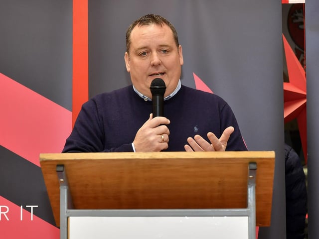 Cormac McCloskey, co-owner and Director at Errigal Contracts Ltd, speaking at the launch of Derry’s new home and away jersey, for the 2026/2027 season, at O’Neill’s sports store in Waterloo Place on Thursday evening. Photo: George Sweeney