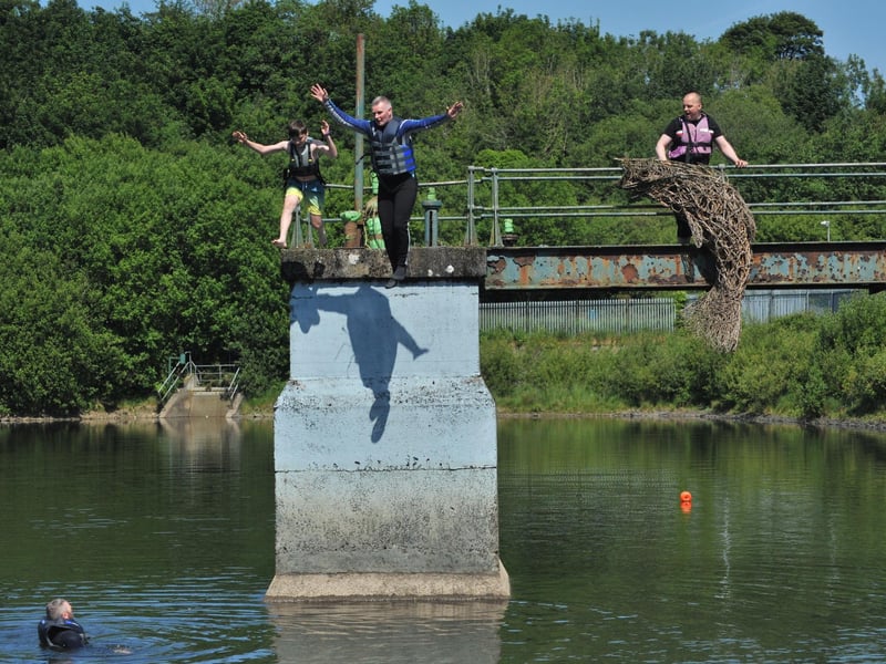 Taking the plunge in Creggan Country Park during a family fun day to celebrate the lives of people who have died by suicide.
