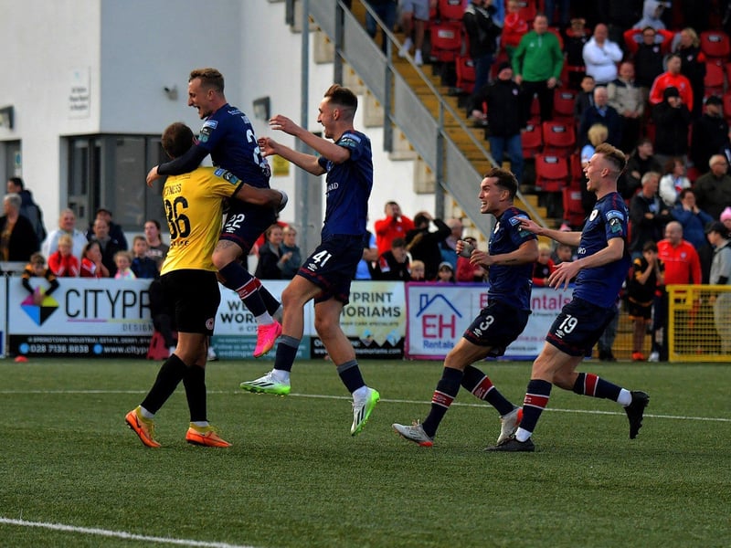 August 2023: St Patrick’s Athletic goalkeeper Dean Lyness is congratulated by team mates after he saved Mark Connolly’s penalty kick in their FAI Cup game at the Brandywell . Photo: George Sweeney.