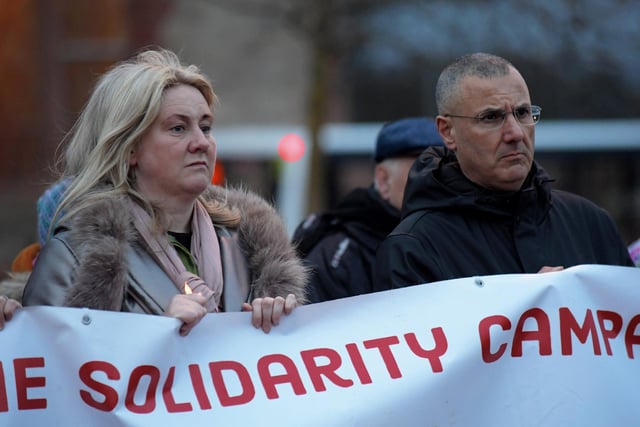 Mary Durkan and Omar Barghouti, founding committee member of Palestine Campaign for the Academic and Cultural Boycott of Israel, at the Holocaust Memorial Day vigil for Gaza, held in the Peace Garden, on Saturday afternoon. Photo: George Sweeney