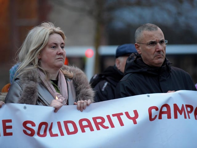 Mary Durkan and Omar Barghouti, founding committee member of Palestine Campaign for the Academic and Cultural Boycott of Israel, at the Holocaust Memorial Day vigil for Gaza, held in the Peace Garden, on Saturday afternoon. Photo: George Sweeney
