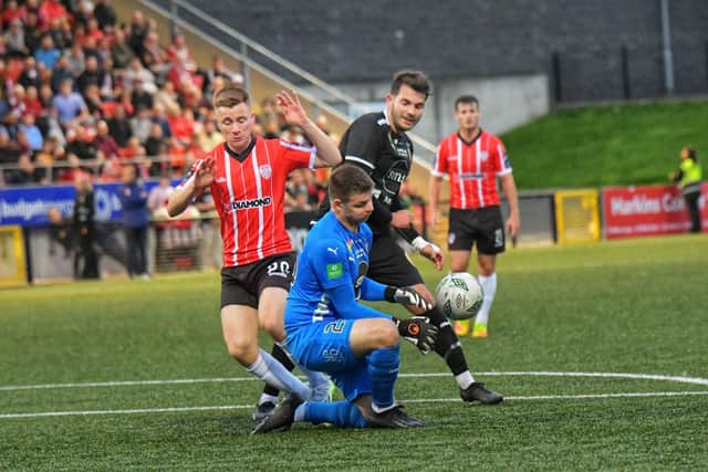 Torshavan keeper Bjarti Mork denies Derry City's  Brandon Kavanagh. Photo: George Sweeney