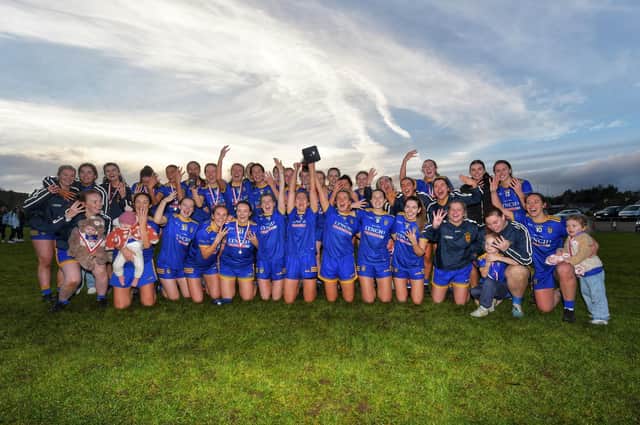 Steelstown Brian Ogs Ladies celebrate after defeating Glen to retain the Derry Senior Championship title at Foreglen on Saturday. (Photo: George Sweeney)