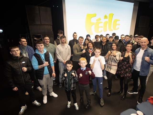 The Mayor, Patricia Logue pictured at Monday's film premiere 'Rath Mór Warriors - Release Your Inner Warrior' at the Nerve Centre, Derry. Included is club coach Sean McGill and kickboxers from the Rath Mor Warriors club. (Photos: Jim McCafferty Photography)