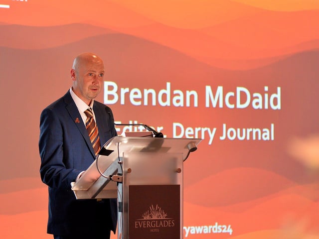Derry Journal editor Brendan McDaid speaking at the 2024 Derry Journal People BetMcLean Awards. Photo: George Sweeney