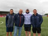 Pictured at the launch of the Ryan McBride 2023 Summer Camp, at the Brandywell Stadium, are Paul O’Donnell, Martin Doherty, Portsmouth winger Ronan Curtis and Sean Cassidy, Ryan McBride Foundation director.  Photo: George Sweeney. DER2327GS - 001