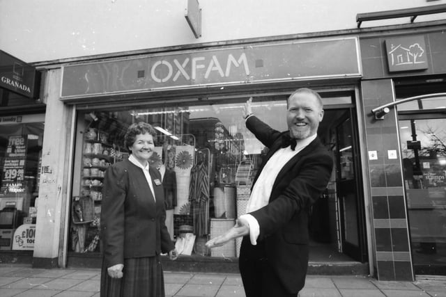Dave Duggan with Mae Simpson, manageress of Oxfam in the Diamond. Dave picked up the suit for the Oscars where 'Dance Lexie Dance' was nominated for an Academy Award in the Best Live Action Short Film category.