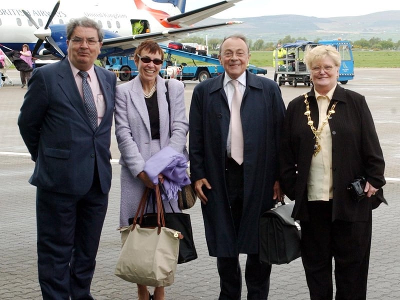 Foyle MP John Hume and Mayor Kathleen McCloskey welcome former French Prime Minister Monsieur Michel Rocard and Madame Sylvie Rocard at City of Derry Airport ahead of the Tip O'Neill lecture at Magee.