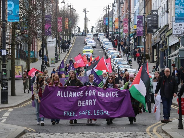International Women’s Day march on Shipquay Street on route to Guildhall Square on Saturday. (Photo - Deirdre Heaney, nwpresspics)