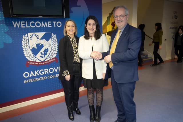 Mr. John Harkin, Principal, Oakgrove Integrated College pictured congratulating Carmel Irandoust, the new chair of the Board of Governors at the school on Monday last. On left is Mrs. Kelly-Marie Martin, Vice Principal. (Photo: Jim McCafferty Photography)