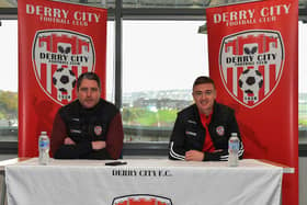 Derry City’s new signing Daniel Kelly pictured with Ruaidhrí Higgins.  Photo: George Sweeney.  