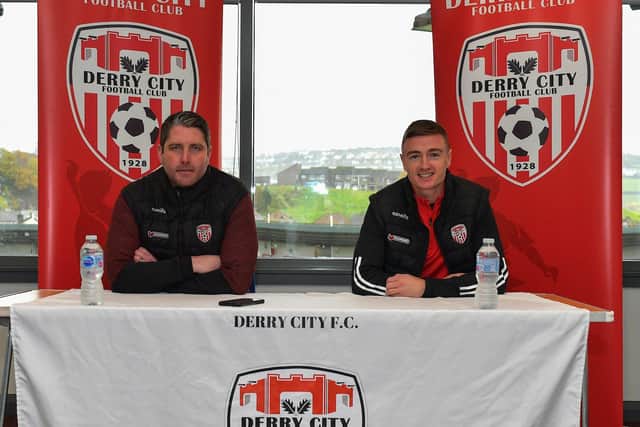 Derry City’s new signing Daniel Kelly pictured with Ruaidhrí Higgins. Photo: George Sweeney.