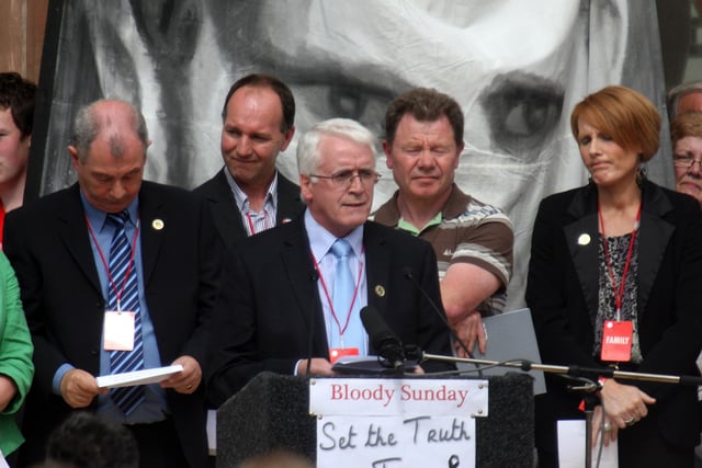 John Kelly, whose brother Michael Kelly was killed on Bloody Sunday addressing the crowd at Guildhall, after the release of the Lord Saville Report. LS2410-516MT.