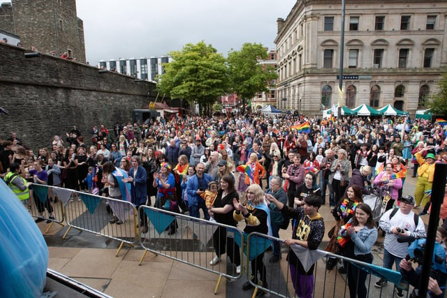 A packed Guildhall Square listening to the speakers at Saturday's Foyle Pride Parade 2023. (Photos: Jim McCafferty Photography)