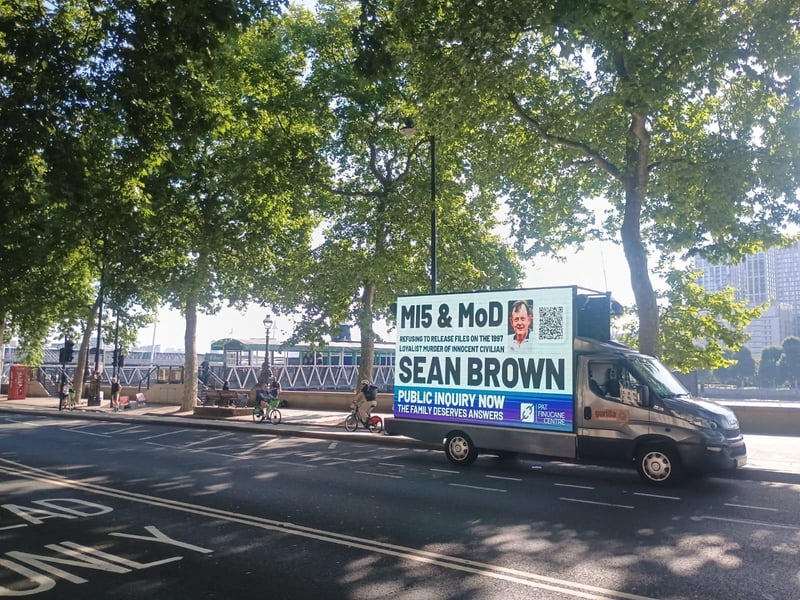 A billboard drawing attention to the Sean Brown campaign has been circulating in central London this week.