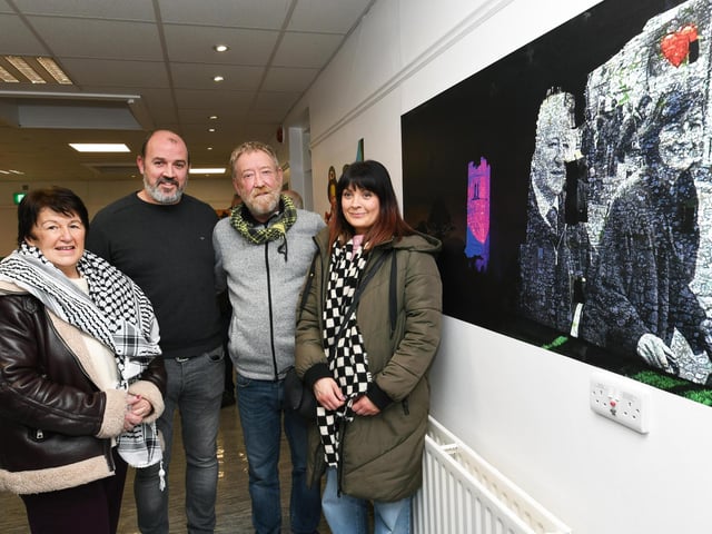 Artist Ciaran Dunlevy, second from left, pictured with Betty Doherty, Jim Collins and Una Donnelly of the Bloody Sunday March Committee at the opening of his "Art as Protest" exhibition in the Eden Place Arts Centre, Pilots Row.